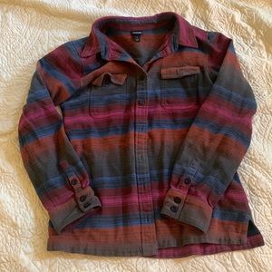 Patagonia Women's Striped Button-Down Jacket in Burgundy, Blue, Olive
